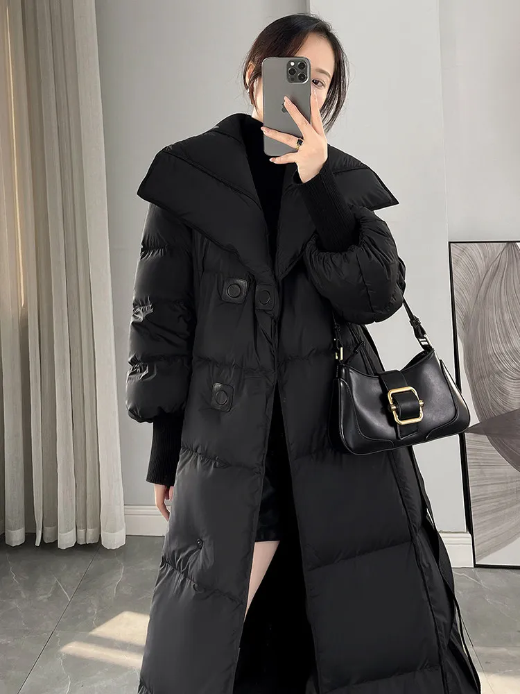 Black over knee big lapel collar down jacket women's winter new fashion solid color thick temperament white duck down jacket