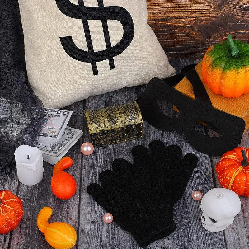 Halloween Thief Suit Long Sleeve Stripes T-shirt Canvas Bag Gloves Eye Mask Knit Hat Cosplay Costume