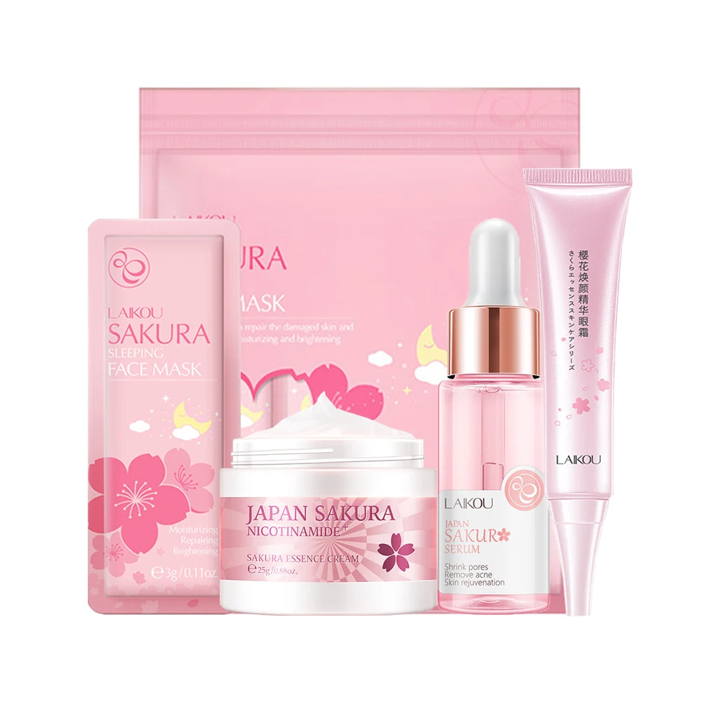 Cherry Blossom Face Skin Care Set Moisturizing Essence Collagen Face Cream & Face Serum & Facial Sleeping Mask Beauty Makeup Set