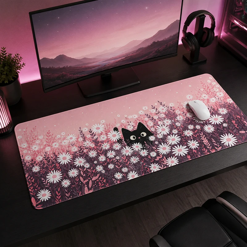 Mouse Pad Gaming Black Cat Pink Daisy Field XL HD Large Home Mousepad XXL Mouse Mat Carpet Office Non-Slip Mice Pad Mouse Mats