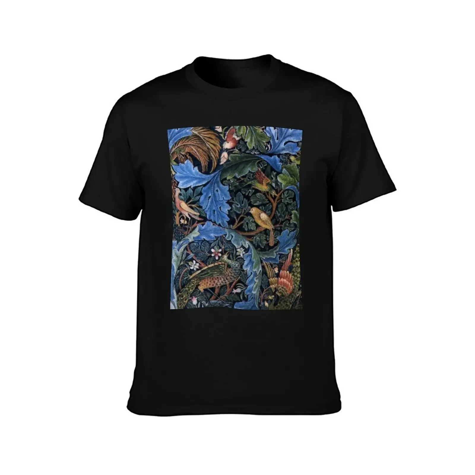 WOOD ANIMALS, BIRDS ,PEACOCKS IN BLUE GREEN LEAVES,FLORAL SWIRLS T-Shirt vintage clothes quick-drying customs mens clothes