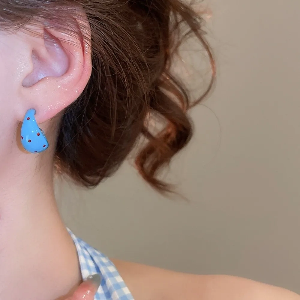 Vintage Red Blue Dot C-Shaped Hoop Earrings Circle Geometric Round Earring Solid Color Alloy Enamel Earrings Wedding