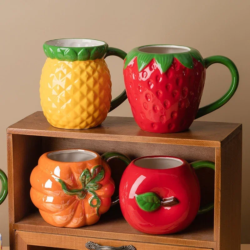 Creative Ceramic Strawberry Pumpkin Pineapple Coffee Cup Kids Fruit Mug Home Office Breakfast Milk Drink Mug Birthday Gift