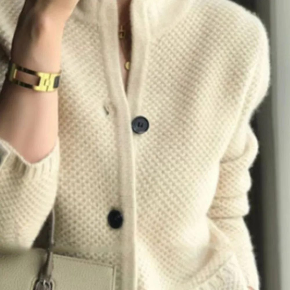 White Knitted Sweater Autumn Winter Coat Thickened Cardigan Women Stand Neck Sweater Loose Knitwear Elegant Sweater Jacket 2023