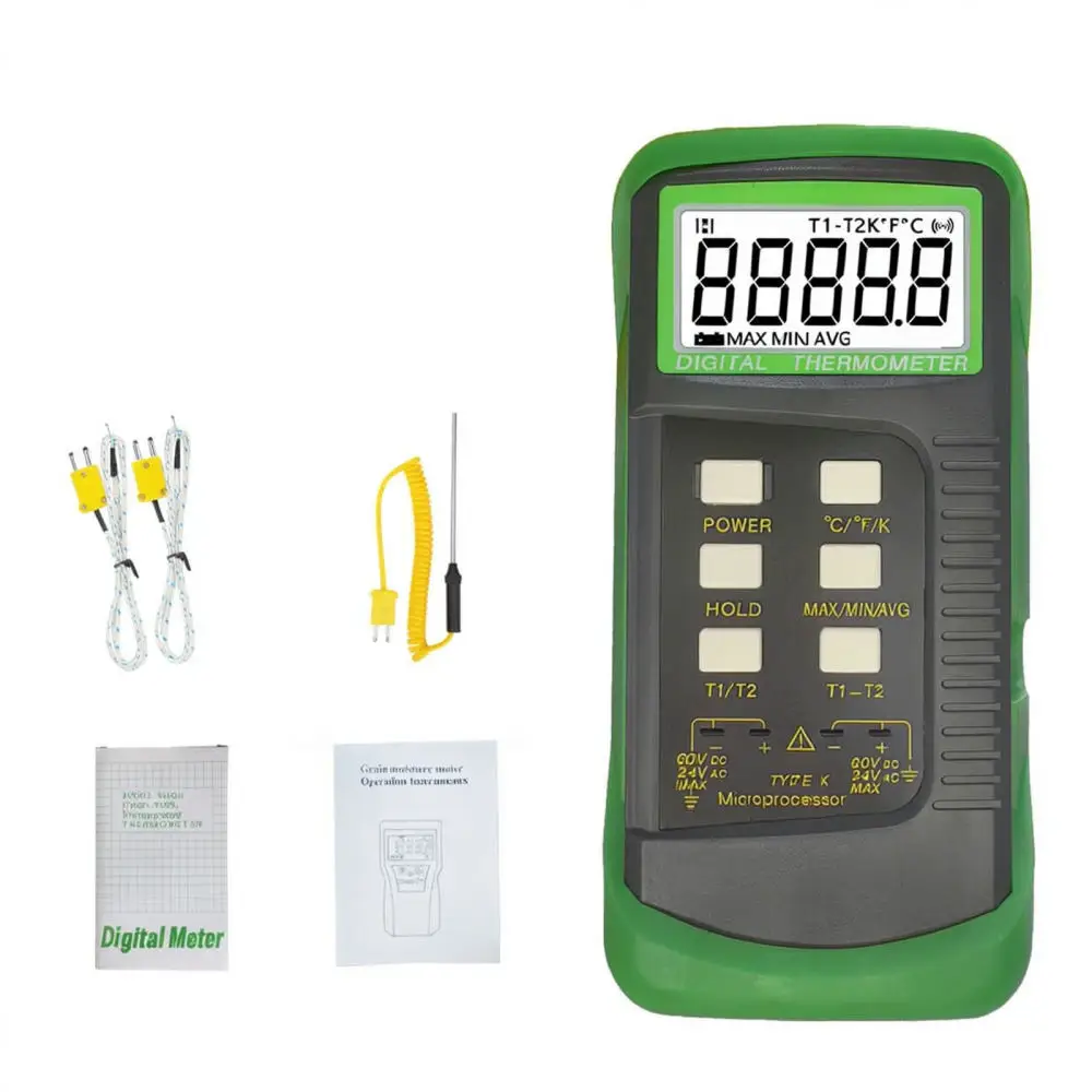 Professional Dual Port K Type Digital Heat Gauge With Pipe Clamp Sensor Thermocouple Probe For Industrial Use