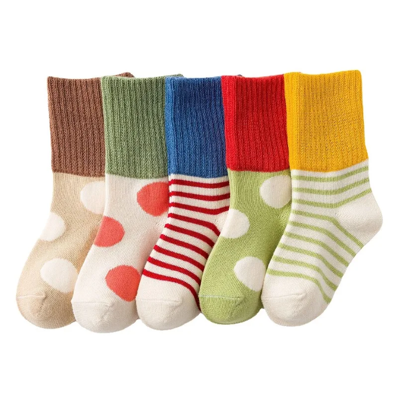 5 Pairs of Multi-color Spot Simple Fashion Outdoor Elastic Breathable Four Seasons Cotton Socks for Boys and Girls