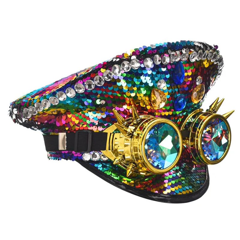 Multicolored Sequins & Rhinestones Gothic Military Hat Women Cosplay Anime Luxury Party Accessories Rave Rock Festival Club Wear