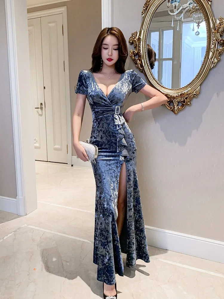 

A new velvet elegant and flowing slit long dress