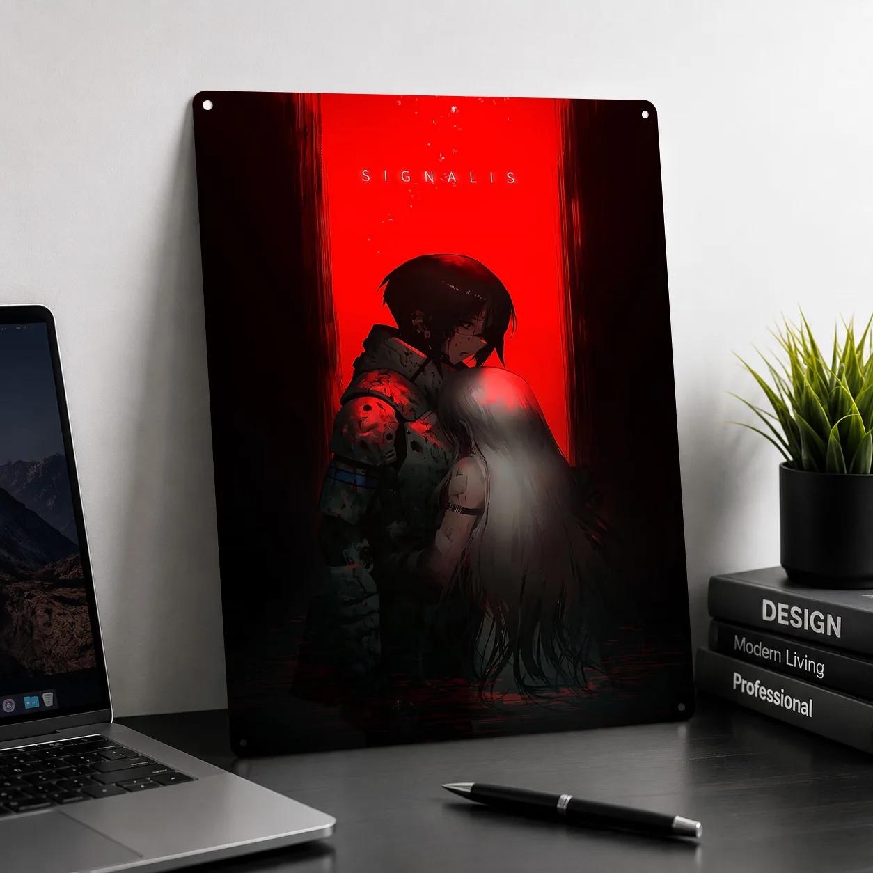 SIGNALIS: Emotional Embrace in Red 3D Texture Printed Poster Custom Vintage Metal Tin Plate Sign for Wall Art Interior Home Deco