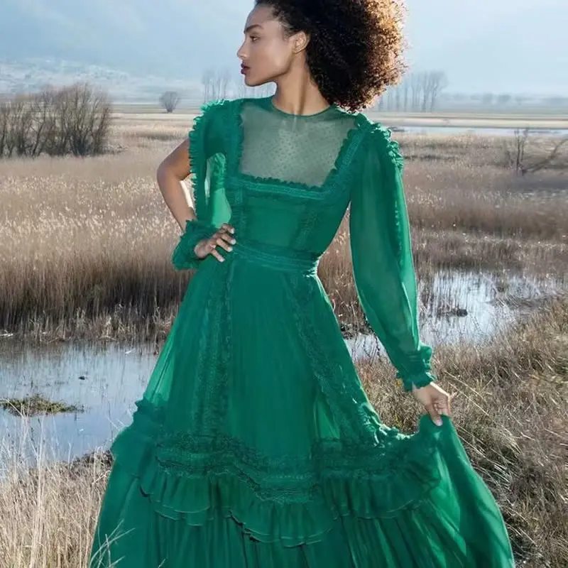 

Green Lace Appliques Women Dress Mesh Long Sleeve Cascading Ruffle Dresses 30405