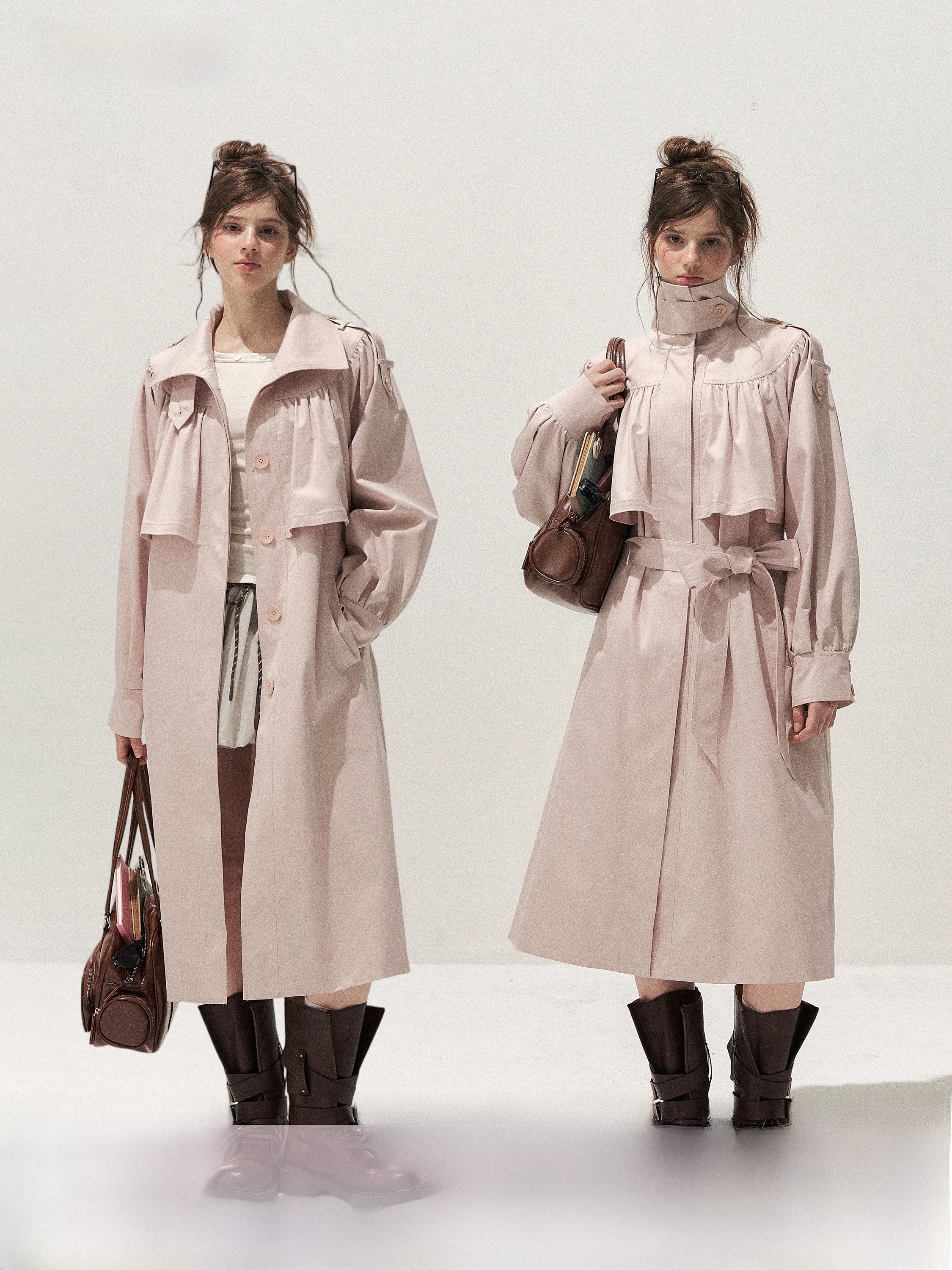 Retro Style Long Coat SunsetPark Morning Fog Rose Design Light Mist Pink Cotton Polyester Blend Women's Autumn Windbreaker