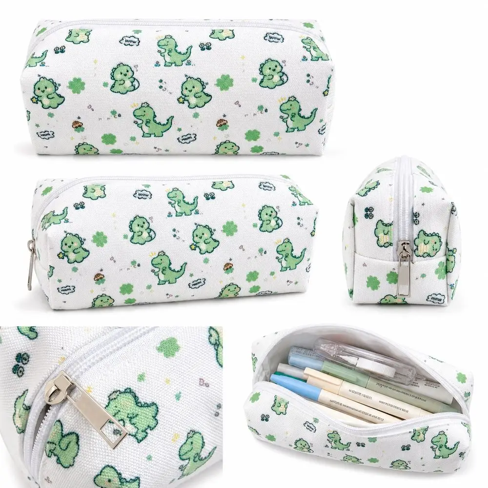 Dinosaur Pattern Dinosaur Pencil Case Large Capacity Metal Zipper Stationery Organizer Cute Style Rectangular Shape