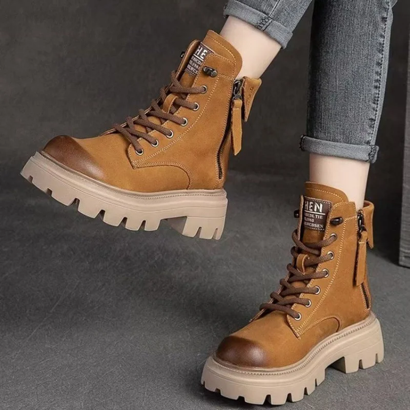 Botas Mujer Invierno 2022 New Autumn Winter Zip Round Toe Retro Handmade Leisure Ankle Boots Platform Shoes Zapatos De Mujer