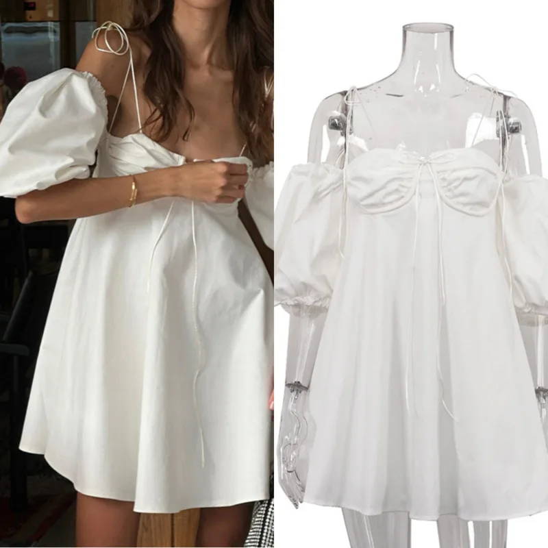 

Sexy Low Cut Bubble Sleeve Dress Casual Solid Color Strapless Mini Dress With Thin Straps Summer Fashion Women Sleeveless Dress