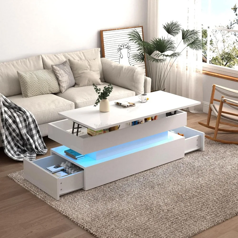 

Светодиодная лента для окружающего освещения, трехъярусный удлиненный складной журнальный столик с ящиками для гостиной, столовой, белый