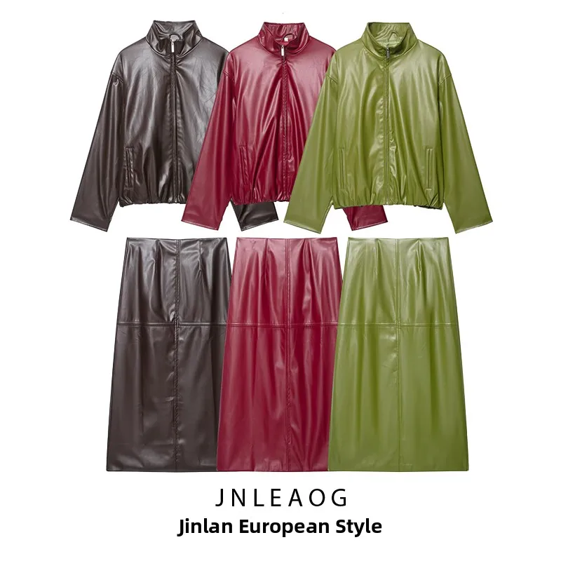 JNLEAOG Autunno New American Retro Stand Colletto in pelle Jaet Gonna Design Faion Capispalla da donna Fibra di poliestere Lungo Sve