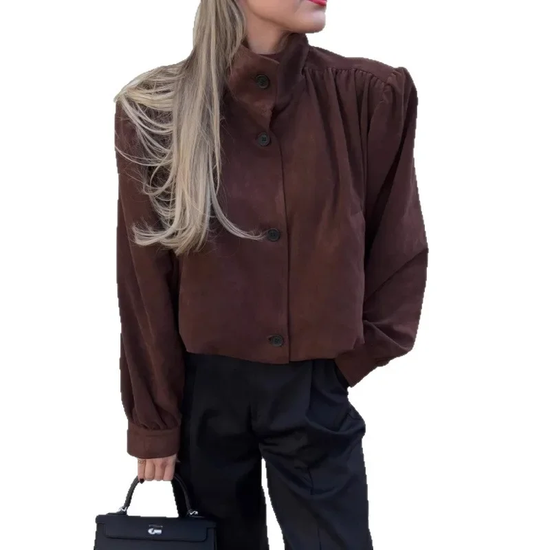 Pullover Pleated Single-button Merlot-colored Short Women's Suede Jacket with A Stand Collar Leather Jacket Women
