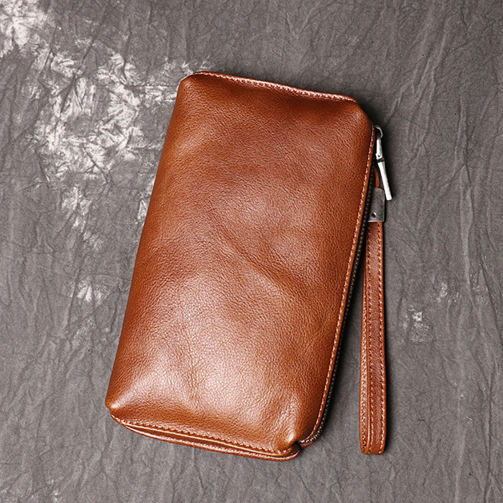 LUOKIR-Bolso de mano de cuero genuino de alta calidad para hombre, cartera larga Vintage de gran capacidad, tarjetero Simple para teléfono