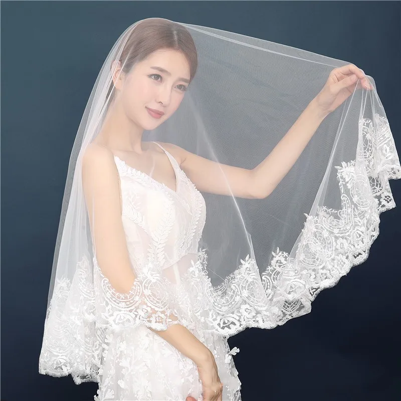 Elegant One Layers Bridal Veil Lace Edge Ivory Wedding veils Long Sexy bridal headwear Matrimonio Boda wedding accessories