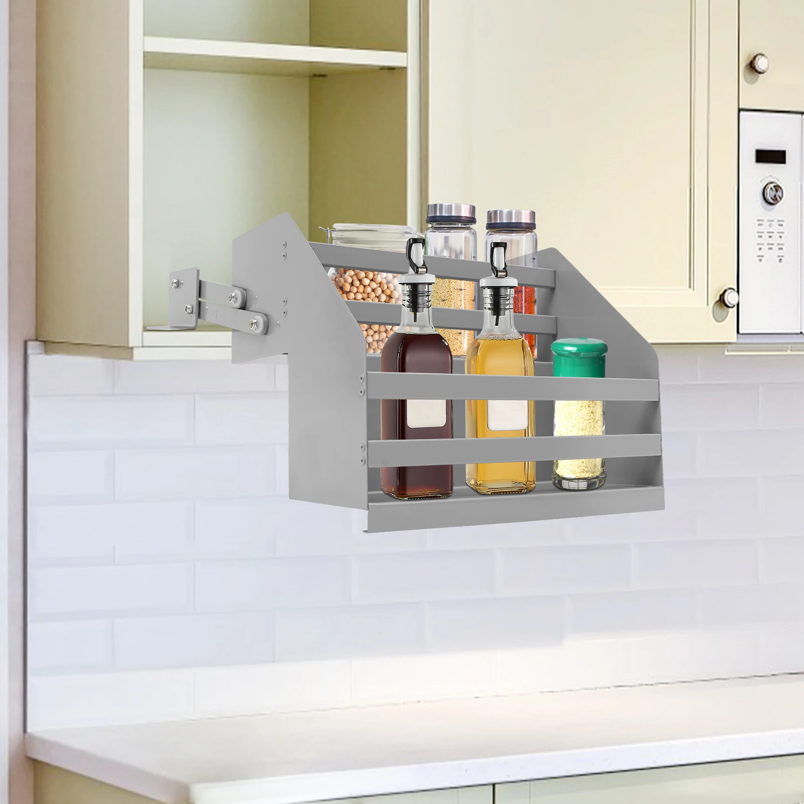 

Pull Down Shelf 2 Tiers Grey Modern Iron 10kg Load Cabinet Organizer Pull Out Spice Rack Electrostatic Spraying