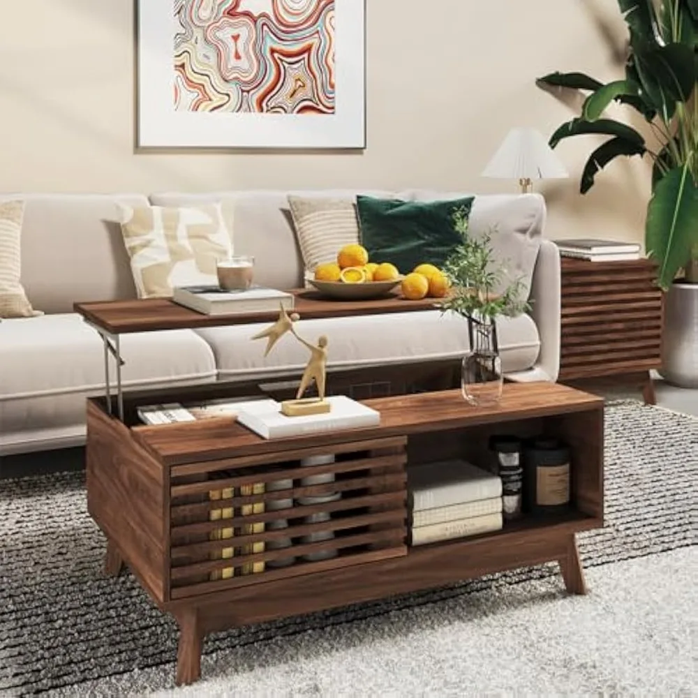 Lift Top Coffee Table, Mid Century Modern Coffee Table With Storage For Living Room, Walnut Coffee Tables With Sliding Fence Do