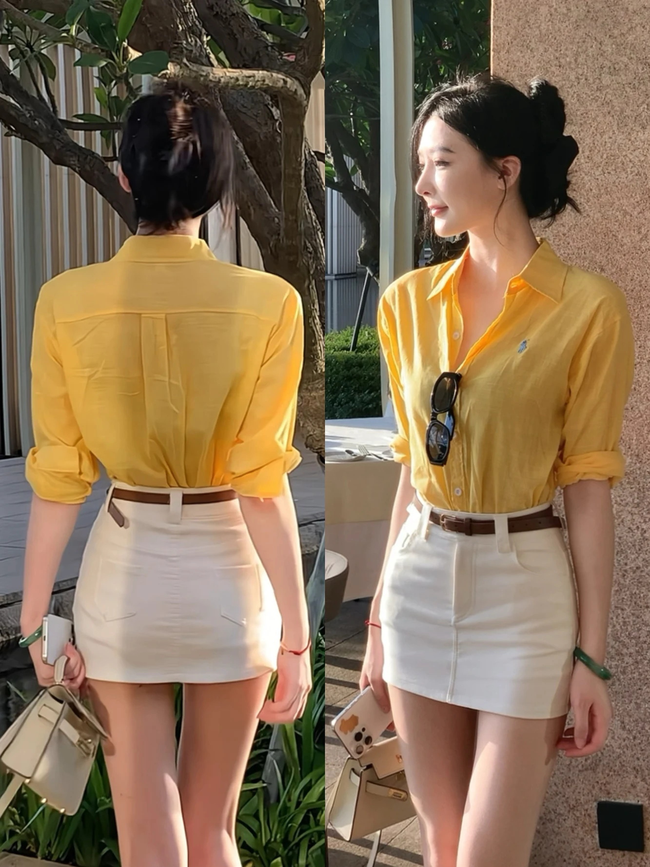 

Dopne Set Yellow Linen Embroidered irt Long Sve Waist Belt White Skirt Women's Faion Breathable Comfortable