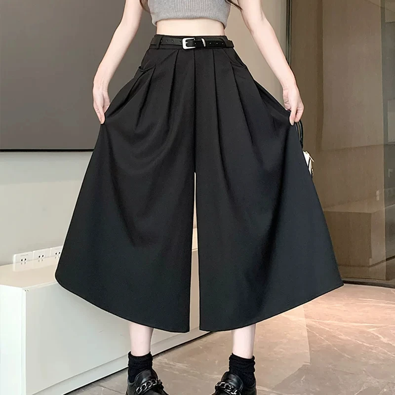 Women High Waist Wide Leg Culottes Pants Black Pleated A-line with Belt Pockets Cropped Office Work Casual Suit Trousers