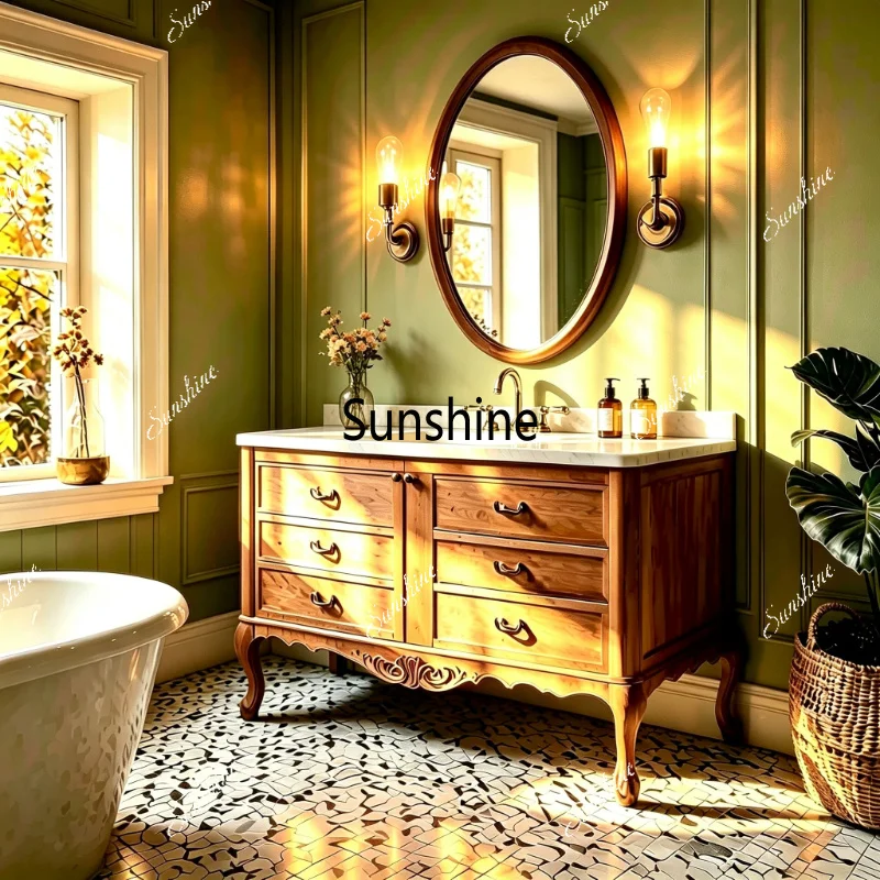 French retro solid wood bathroom cabinet countertop sink wash combination