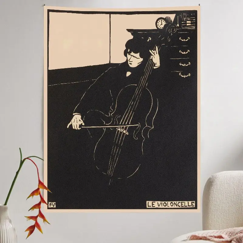 VIKAMA Vintage Piano Men's Tapestry, Black, White, and Beige Woodcut Art Wall Hanging, Vintage Figure Print Tapestry, Home Decor