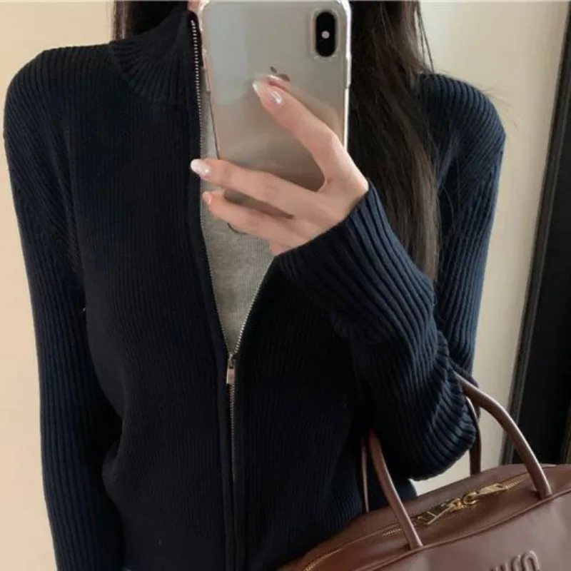 Zipper Cardigans for Women Slim Korean Style Ins Streetwear Spring Autumn Casual College Stand Collar Young Simple Warm Clothing