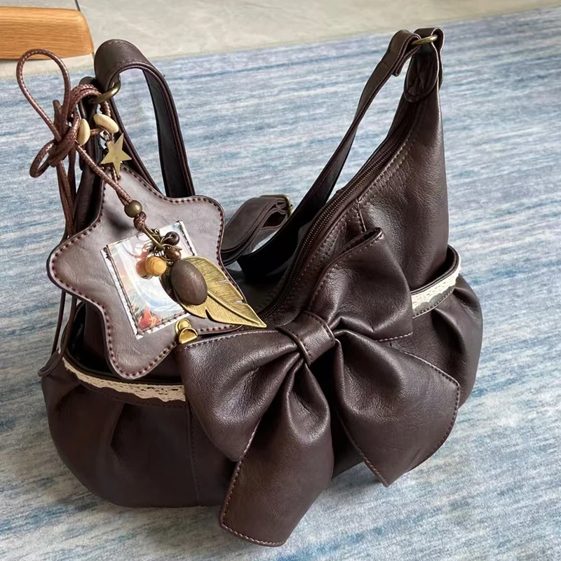 

Retro Crossbody Bag Korean Style Lace Soft Pu Leather Shoulder Bag Fashion Large Bow Tote Bag Casual Commuter Zipper Women's Bag