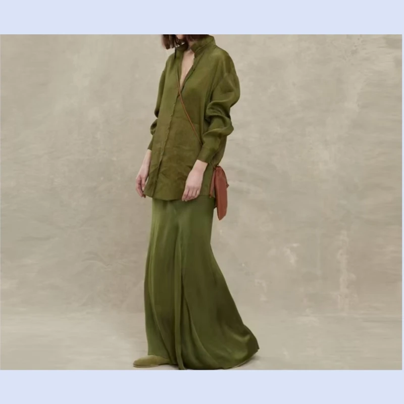 Spain's niche green dyed silk linen loose shoulder mid length shirt