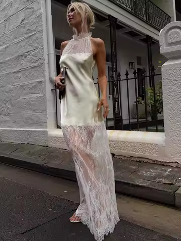 JULISSA MO Turtleneck Patchwork See Through Lace Women Maxi Dress Sleeveless Print Dress Summer Slim Elegant Party Evening Dress