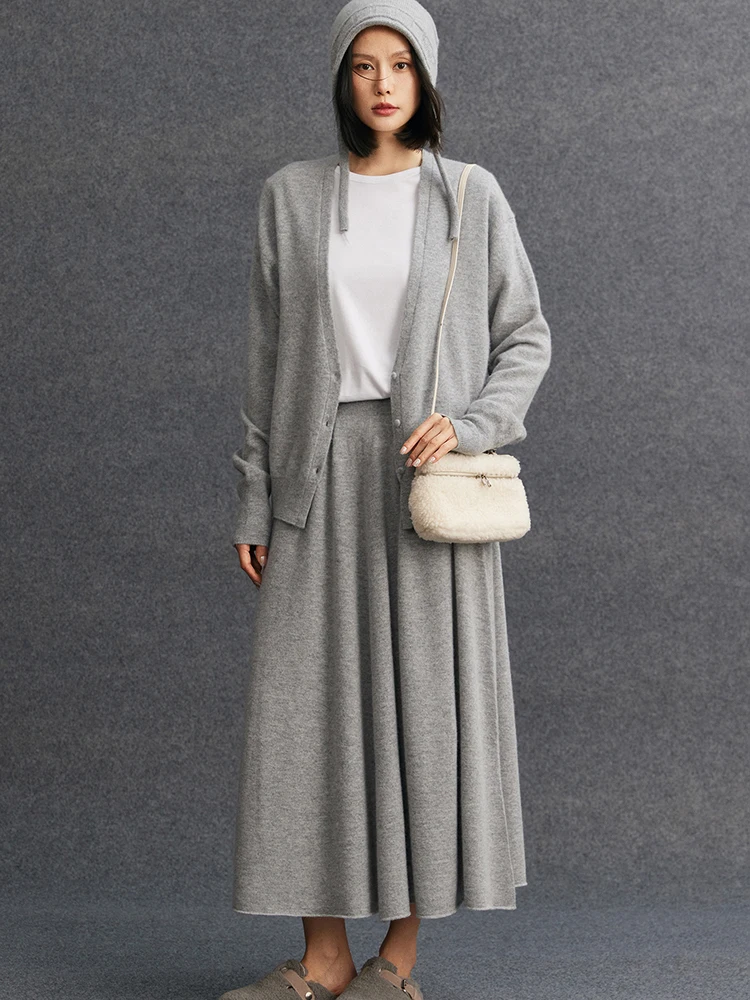 TLOML 여성 100% 캐시미어 스웨터 슈트 브이넥 가디건 롱 스커트 와이드 레그 팬츠 가을 겨울 부드럽고 따뜻한 캐시미어 니트웨어 슈트