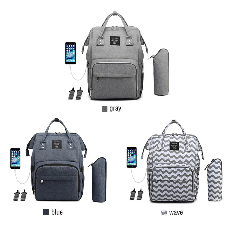 Lequeen saco de fraldas dos homens da cor pura múmia cuidados com o bebê saco de fraldas 44cm grande capacidade à prova dwaterproof água ao ar livre usb mochila saco de viagem