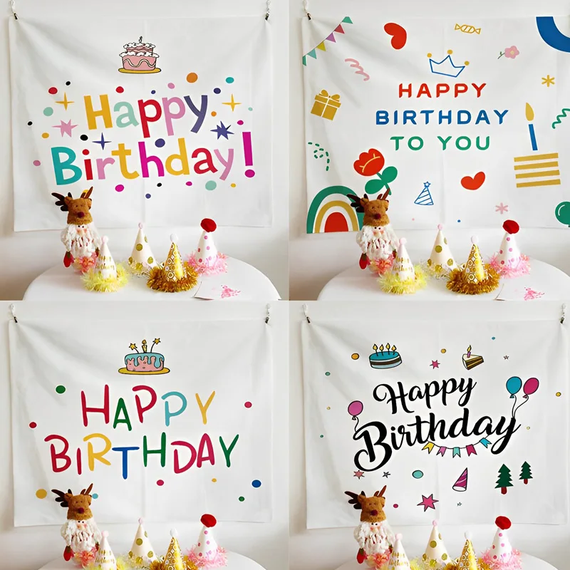 

100*70cm Happy Birthday Background Tapestry Cloth Wall Decoration Birthday Party Supplies Cartoon Home Party Decor Ornaments