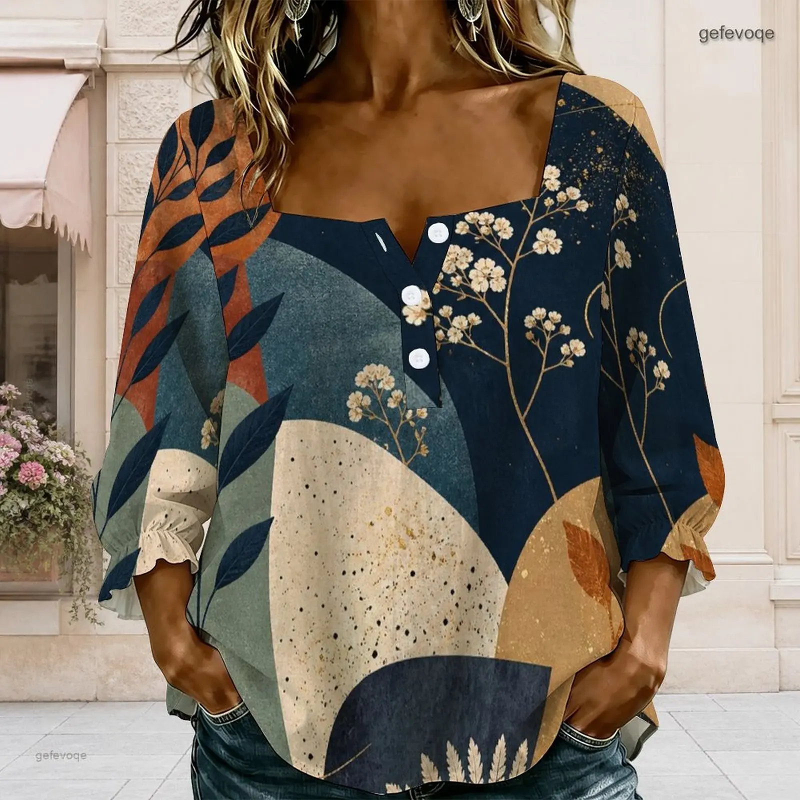 Square Neck Button Detail Long Sleeve Ruffle Cuffs Printed Blouse for Women