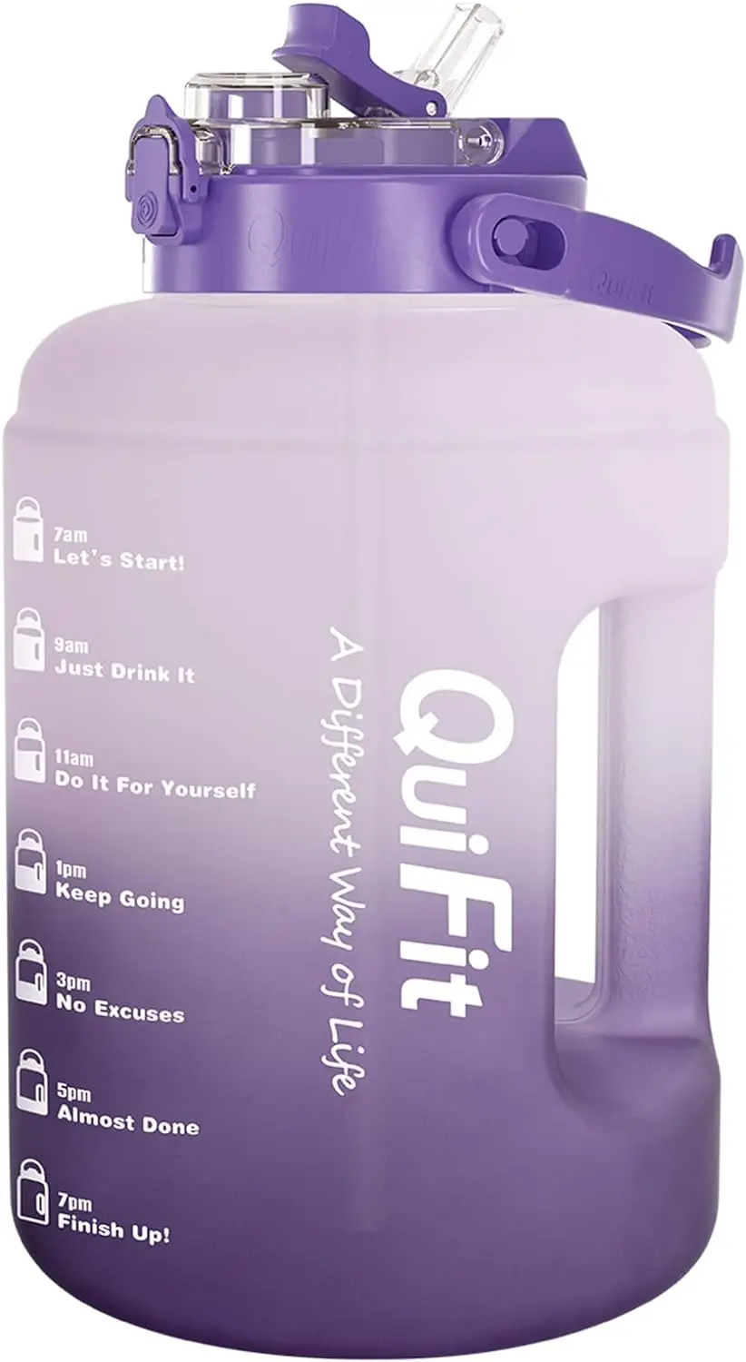 QuiFit Water Bottle with Straw & Spout Lid 83oz 2.5L Motivational Time Markings Gallon Jugs BPA Free Food Grade PETG Container