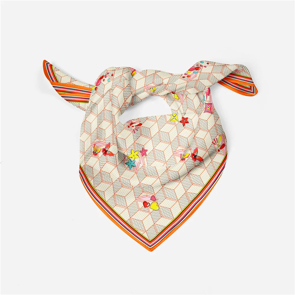 Twill Silk Scarf Woman Geometric Painting Square Scarves Wraps Bandana Small Hijab Silk Foulards Tie Headband Neckerchief 53CM