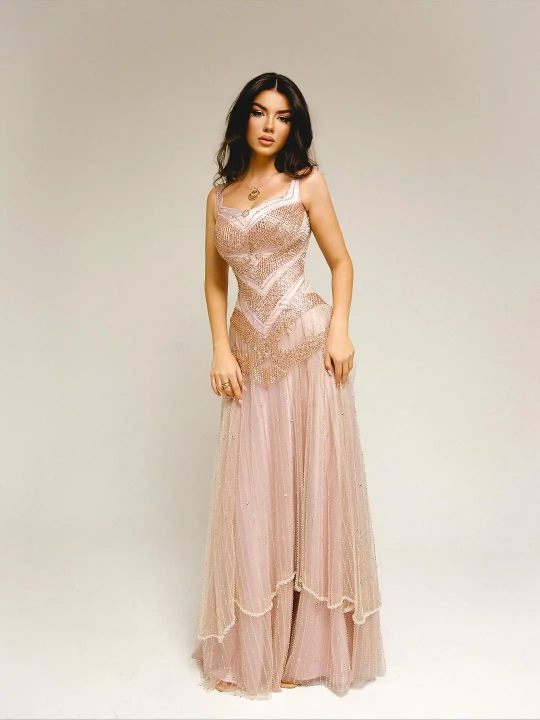 

Ofherown Luxury Beaded Sequins A-Line Evening Dresses Square Collar Pink Illusion Long Prom Party Gowns Customized