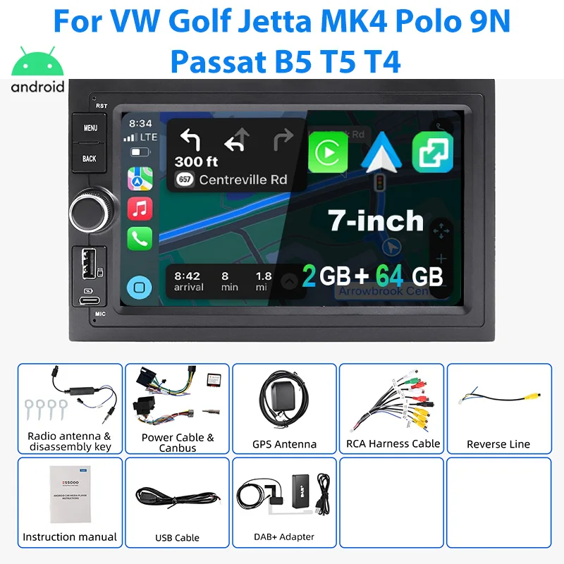 ESSGOO Autoradio Android15 7" 4+64G/2+64G für VW Golf Jetta MK4 Polo 9N Passat B5 T5 T4 SEAT SKODA Wireless CarPlay GPS Navigation Android Auto RDS FM Bluetooth Mirror Link Touchscreen