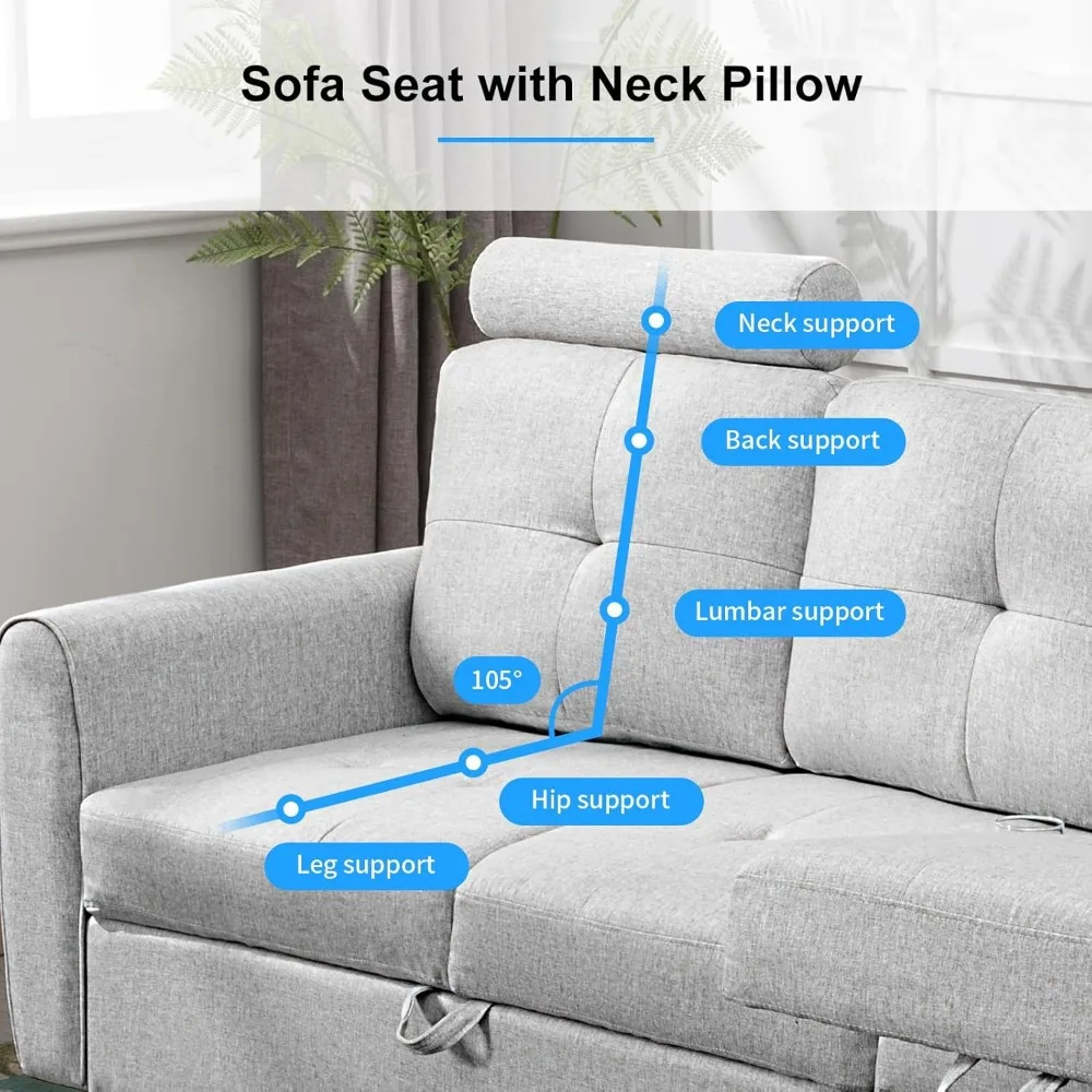 L Shaped Sofa, Convertible Sectional Couch with Reversible Storage Chaise with Neck Pillows, L- Shape Sofa