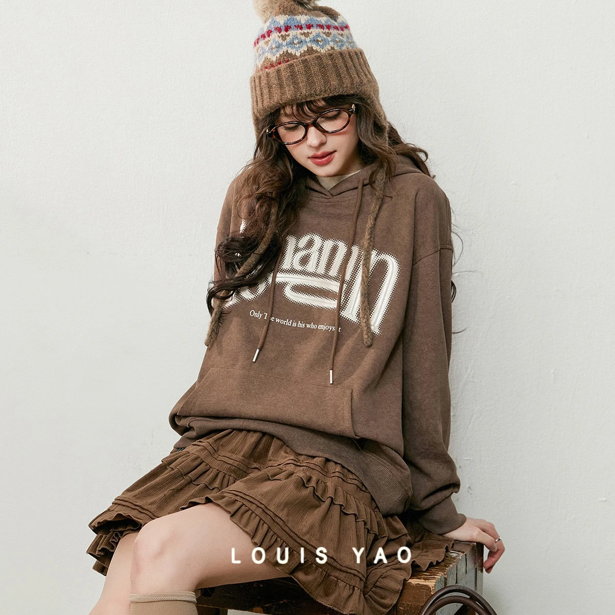 

LOUIS YAO Three-dimensional Printed Long Sleeved Hoodies 2025 Autumn Washed Patterned Hooded Sweatshirt Chic Street Loose Tops