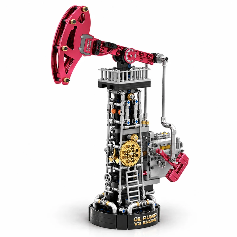 V12-motor, gemotoriseerd model van een oliepomp, elektrisch aangedreven, bouwstenen, technisch mechanisch model van een olieboorplatform, speelgoed, cadeaus.