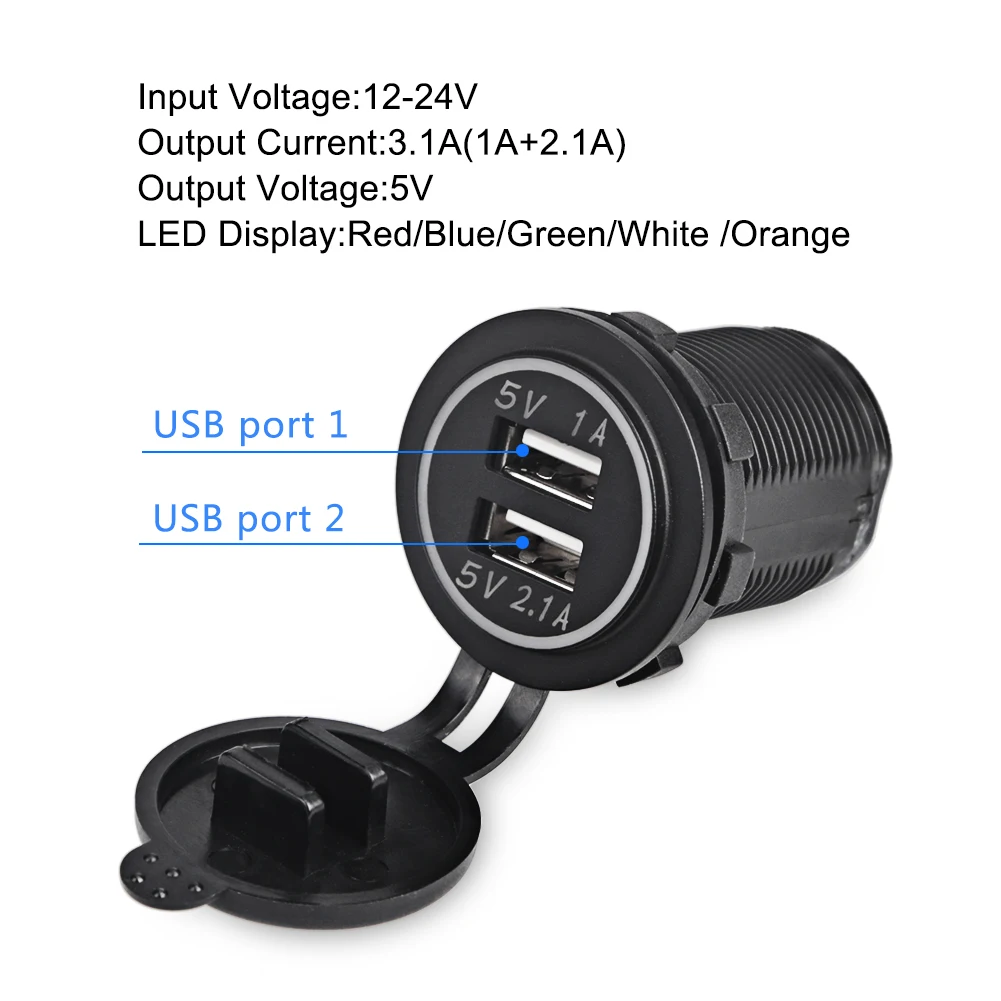 12V/24V Dual USB Charger Socket Adapter Waterproof Power Outlet 3.1A LED Digital Display for  Car Boat Marine RV Motorcycle D5