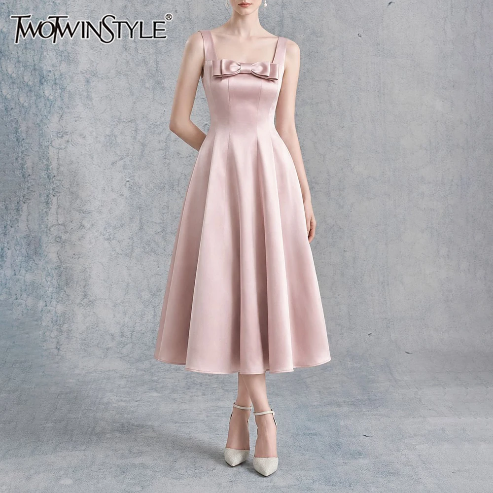 

TWOTWINSTYLE Solid Slimming Spliced Bow Midi Dress for Women Square Neck Sleeveless Patchwork Zipper Elegant Dresses Female New