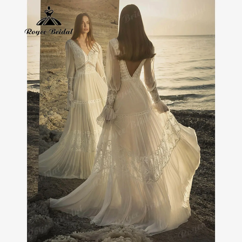 Robe Civil Long Sleeve Chiffon Boho Bohemian Wedding Dress for Women 2024 Bridal Gown Backless Custom Made vestido de novia boda