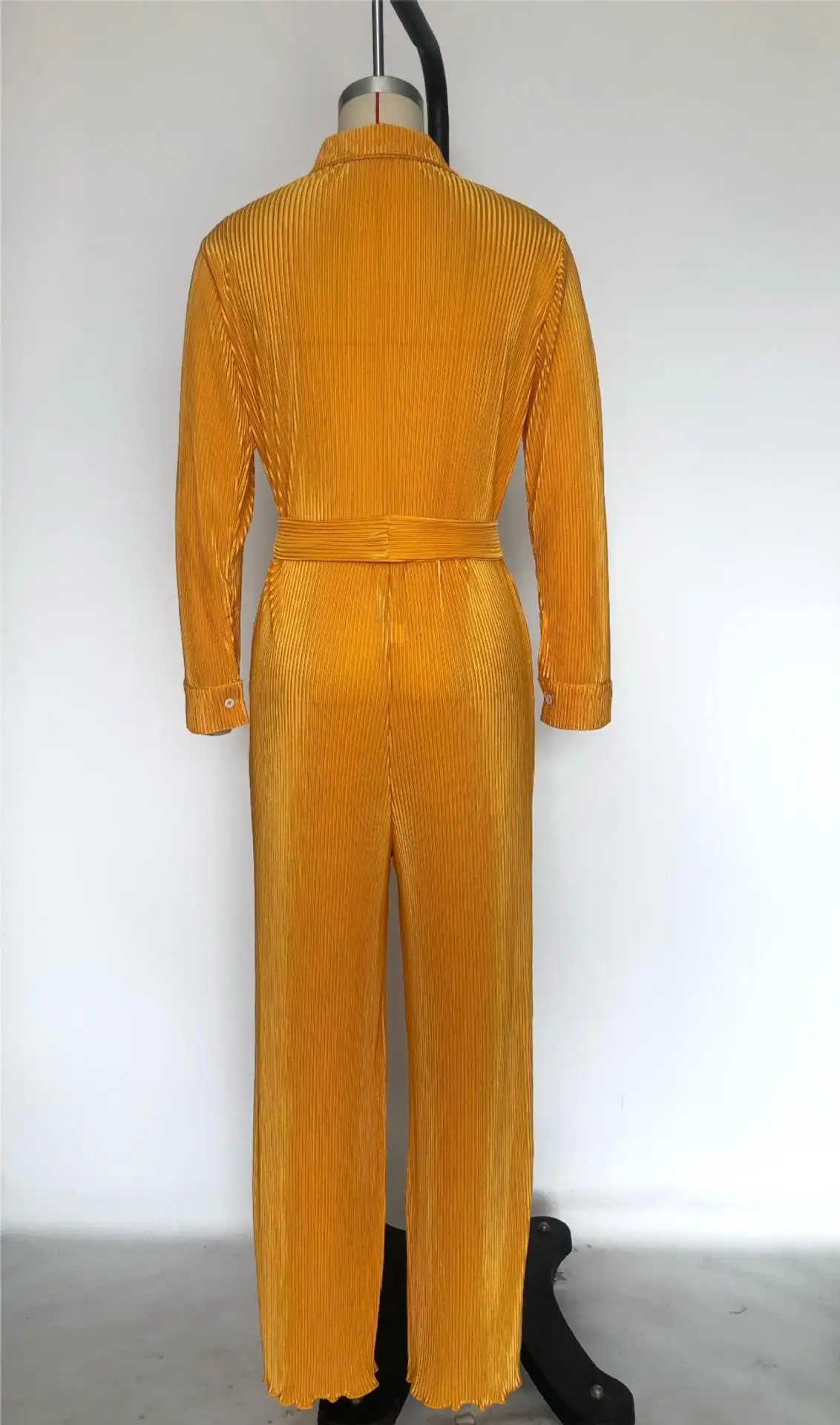 Fall Women Solid Color Button Blouse Pleated Lapel Long Sleeved Wide Leg Jumpsuit One Piece Romper Outfits With Belt