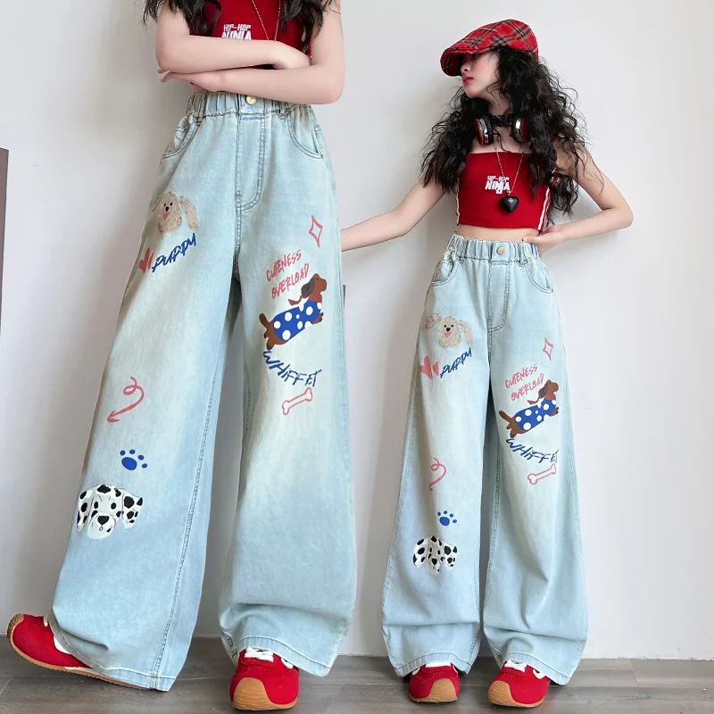 

Girls Jeans Spring Summer Autumn Children Wide Leg Pants Teens Children Cute Cartoon Puppy Print Loose Straight Denim Trousers