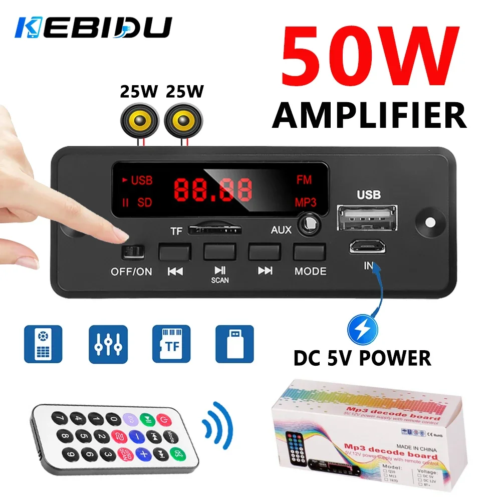 KEBIDU 50W Verstärker Bluetooth MP3-Player DC 12V MP3-Decoder-Board Kabelloses Auto-Audio-Modul TF AUX FM-Radio Aufladbar für Lautsprecher